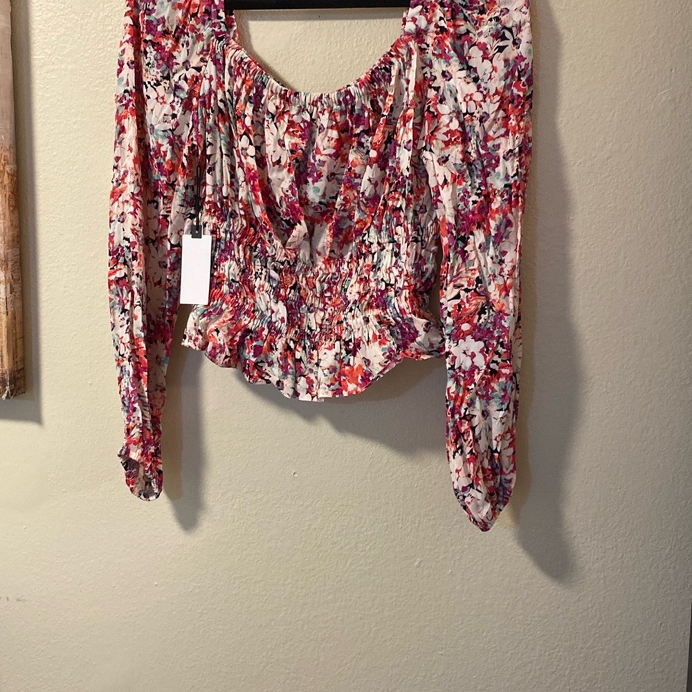 SHEIN Red and White Ruched Crop Blouse